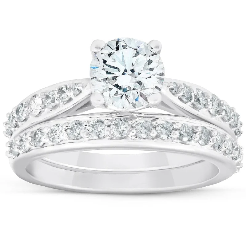 Ladies engagement rings with side stones-1 3/4Ct Diamond Engagement Matching Wedding Ring Set 14k White Gold