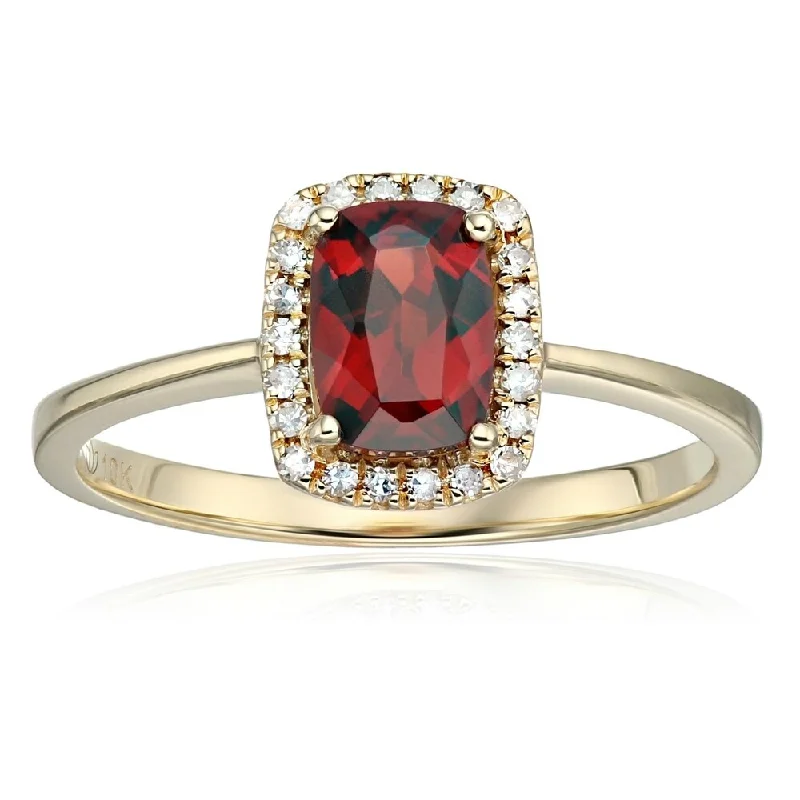 Ladies matching engagement and wedding rings-10k Yellow Gold Red Garnet & Di Cushion Halo Engagement Ring Size - 7