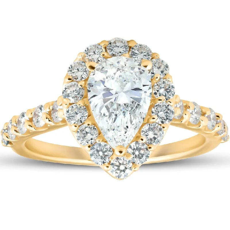 Ladies affordable engagement rings-Pompeii3 14k Yellow Gold 2 Ct TDW Pear Shape Halo Diamond Engagement Ring Clarity Enhanced