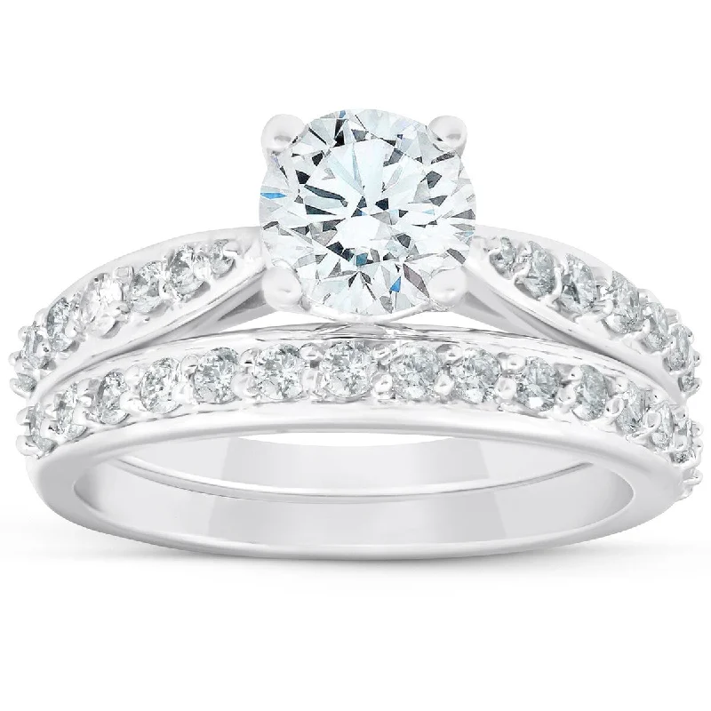 Ladies halo engagement rings-1 3/4Ct Diamond Engagement Matching Wedding Ring Set 14k White Gold