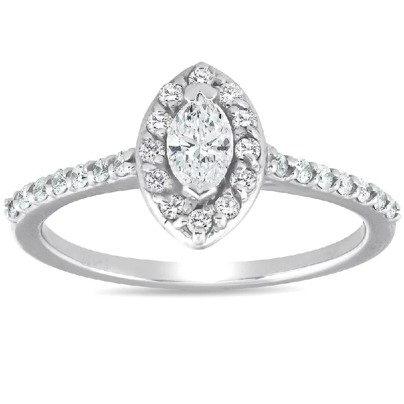 Ladies halo engagement rings with diamonds-Pompeii3 14k White Gold 1/2 Ct TDW Marquise Halo Diamond Engagement Ring