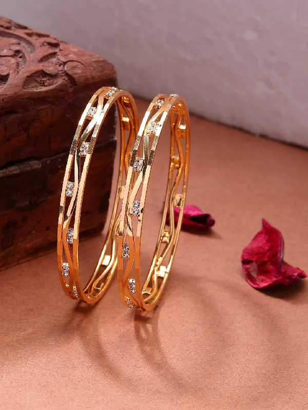 Ladies luxury bangle-NVR Women's Set of 2 Gold-Plated Cubic Zirconia Stone Studded Bangles