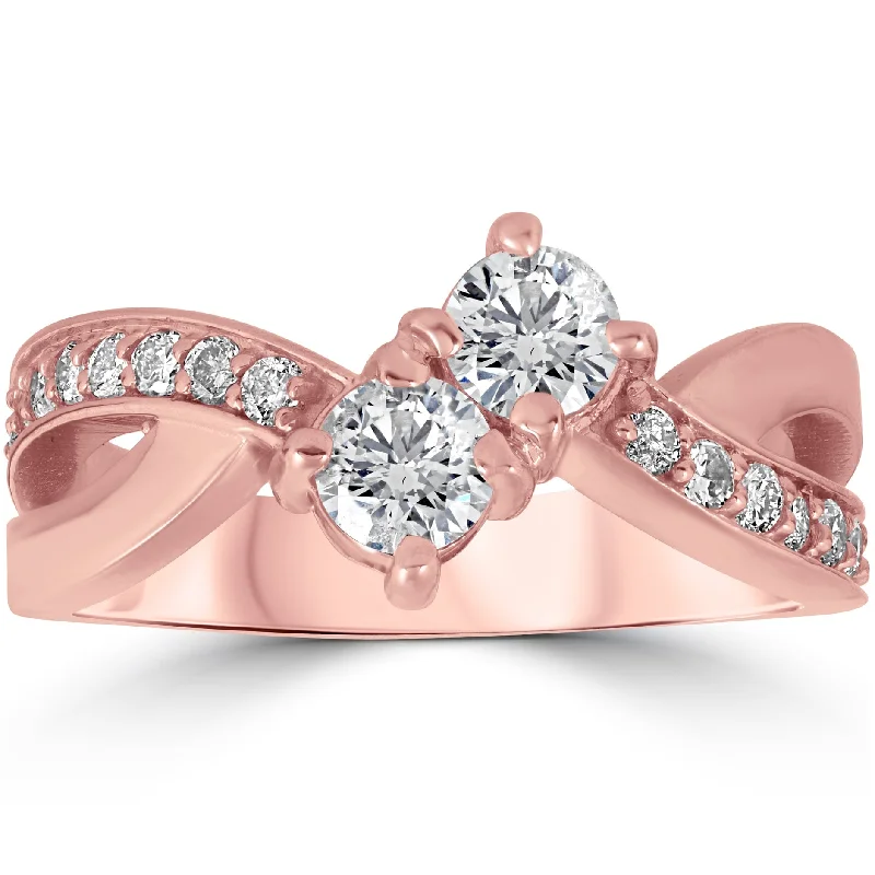 Ladies engagement rings with colored stones-10k Rose Gold 1 ct TDW Two Stone Diamond Anniversary Engagement Ring