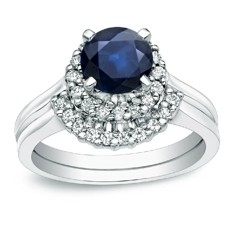 Ladies white diamond engagement rings-Auriya 14k Gold 3/4ct Blue Sapphire and 1/4ctw Halo Diamond Engagement Ring Set