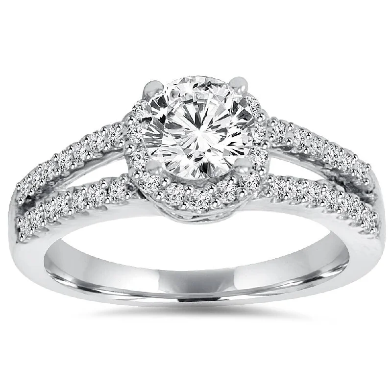 Ladies engagement rings with accent diamonds-Pompeii3 14k White Gold 1 Ct TDW Halo Split Shank Engagement Ring Lab Grown (G-H/SI1-SI2)