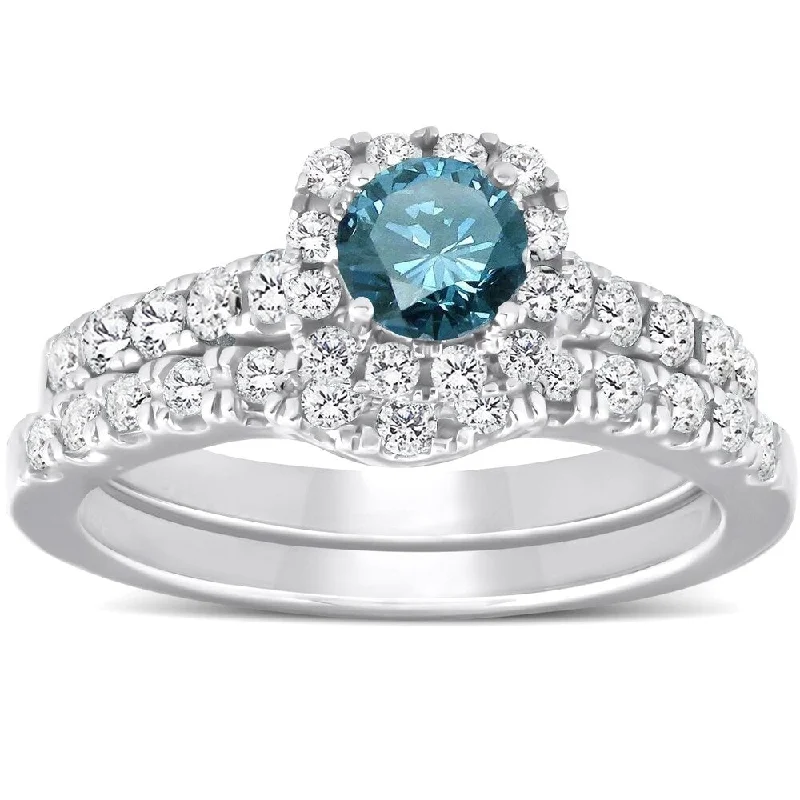 Ladies heirloom engagement rings-Pompeii3 14k White Gold 1 1/2 Ct TDW Blue Diamond Cushion Halo Engagement Wedding Ring Set