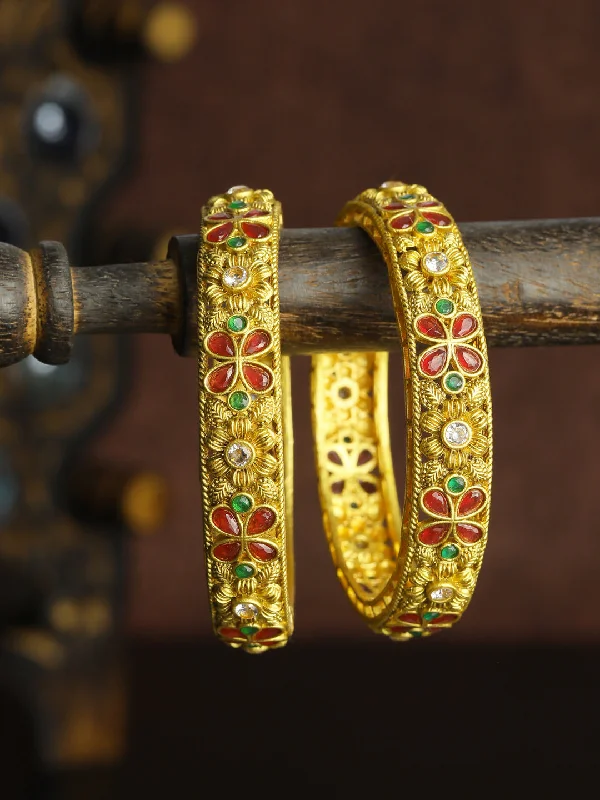 Ladies silver bracelet-Priyaasi Women Multi Color Ruby Emaraled Gold-Plated Set Of 2 Bangles