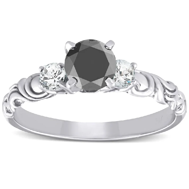 Ladies vintage diamond solitaire engagement rings-Pompeii3 14k White Gold 1 1/4 Ct TDW Diamond Vintage Black & White Diamond Engagement Ring