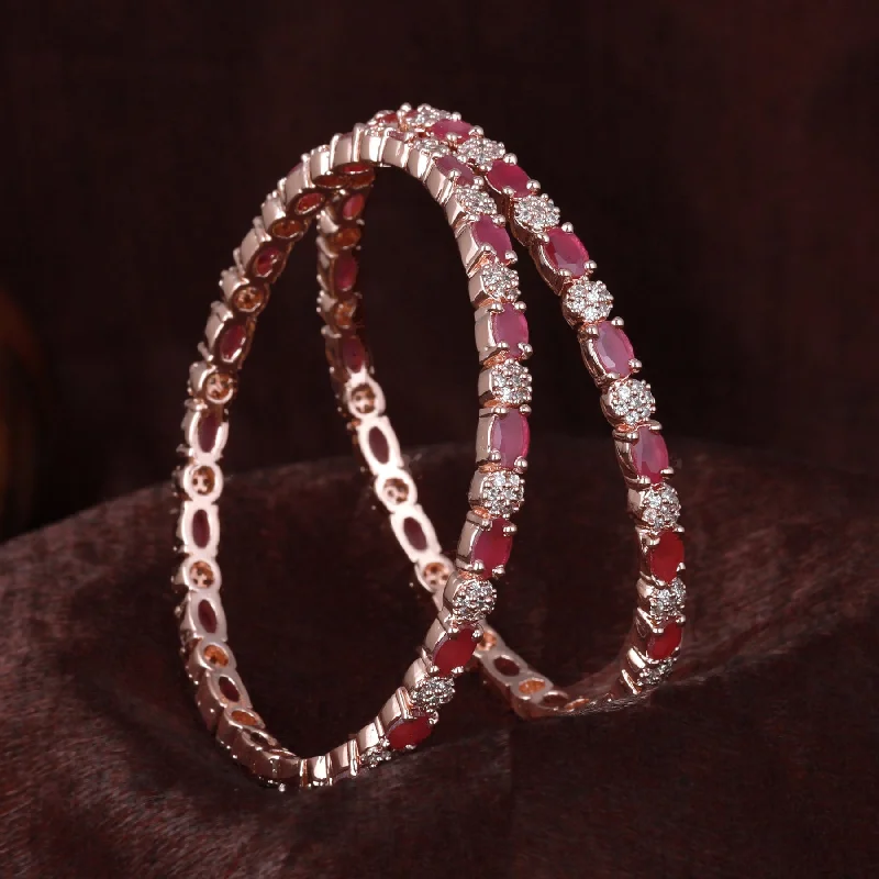 Ladies gold-plated bracelet-Estele Rose Gold Plated CZ Splendid Designer 2:6 Size Bangles with Ruby Stones for Women