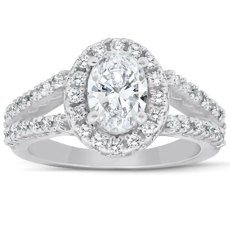 Ladies engagement rings with princess diamonds-1 1/2 Ct Oval Cut Diamond Halo Split Shank Engagement Ring 14k White Gold