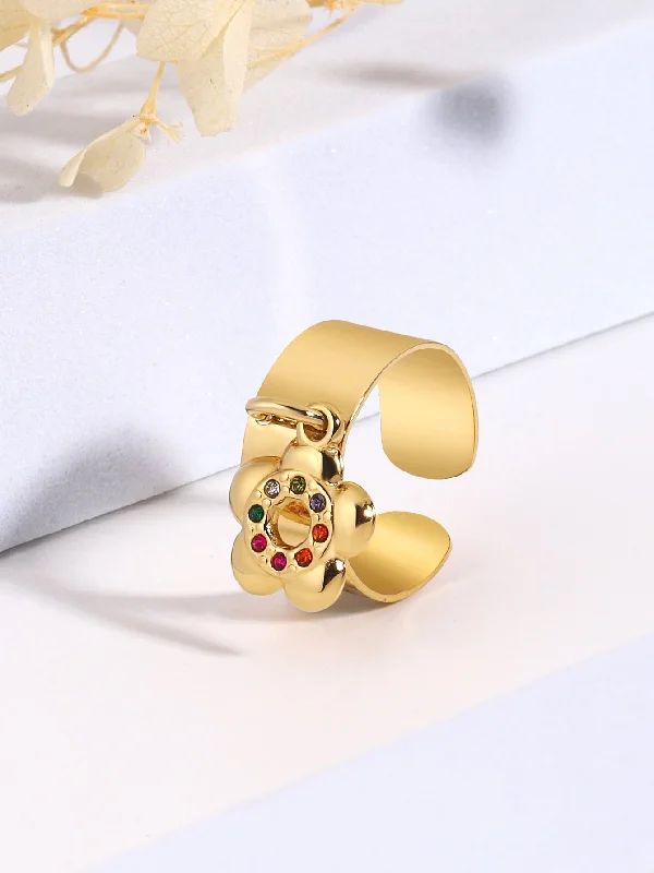 Ladies pearl and diamond ring-Sweet Flower Stainless Steel Plating Inlay Zircon 18k Gold Plated Charm Rings