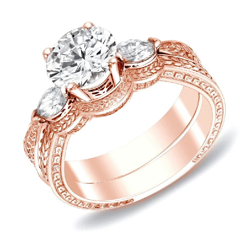 Ladies yellow gold engagement rings-Auriya 14k Rose Gold 4/5ctw Vintage 3-stone Diamond Engagement Ring Set