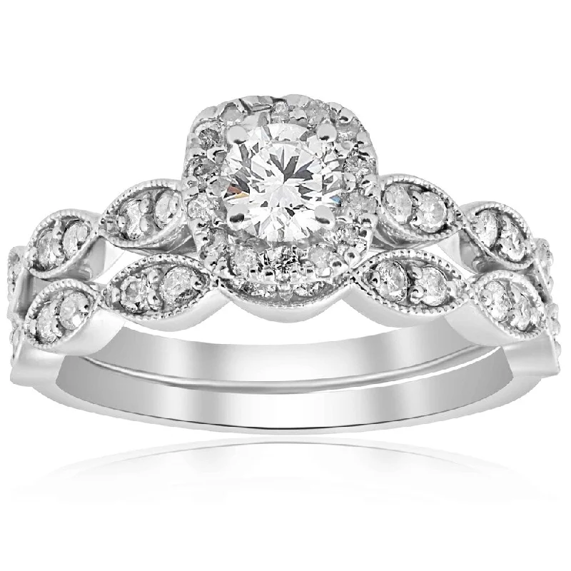 Ladies bridal engagement rings-14k White Gold 7/8 cttw Cushion Halo Diamond Engagement Wedding Ring Set Vintage (I-J,I2-I3)