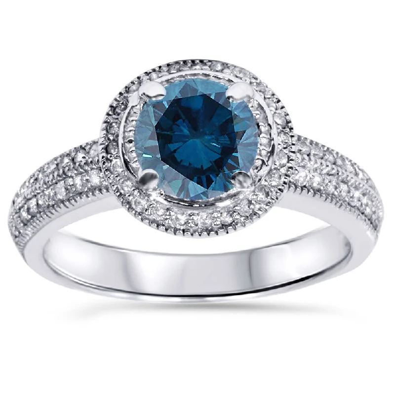 Ladies yellow gold engagement rings-14k White Gold 1 1/3ct TDW Blue and White Diamond Vintage Halo Engagement Ring