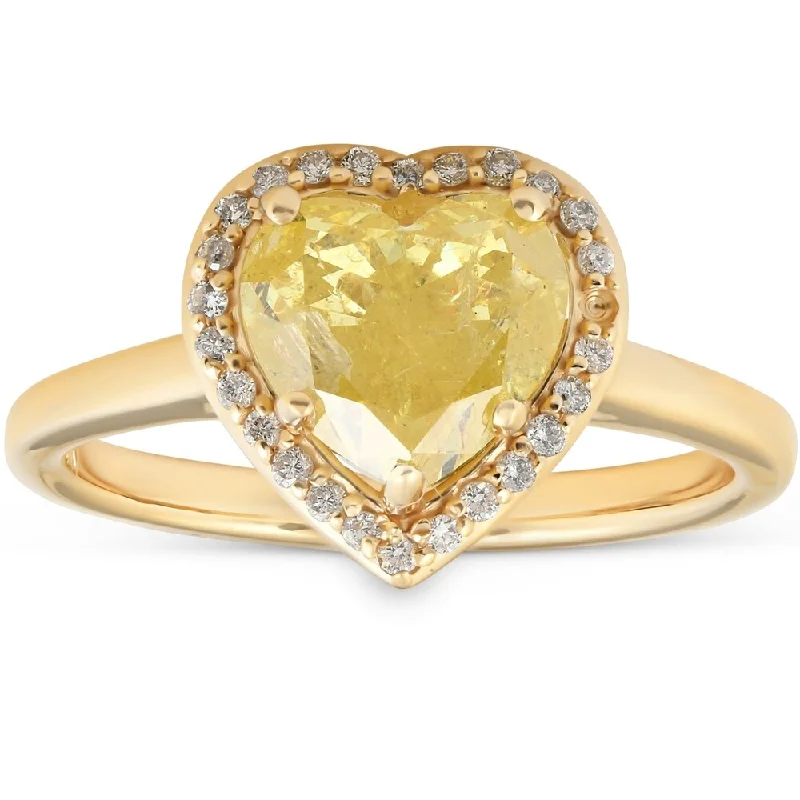 Ladies engagement rings with rubies and diamonds-14k Yellow Gold 2.25 Ct TDW Fancy Yellow Heart Diamond Halo Engagement Ring GIA Certified Size 7