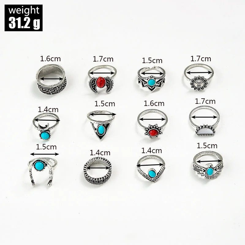 Ladies adjustable gemstone ring-Wholesale Jewelry Red Crescent Wings Turquoise Ring 12-piece Set Gooddiy