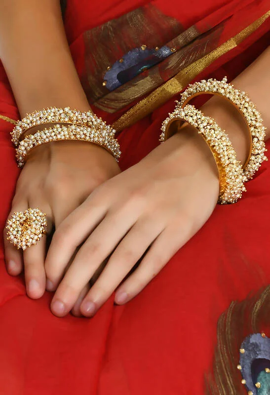 Ladies gold bracelet-Mominos Fashion Joharkamal Gold-Plated Beads Work Bangles with Rings