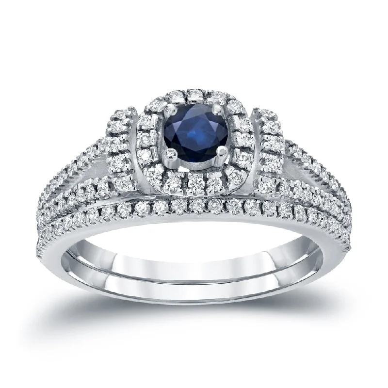 Ladies engagement rings with side stones-Auriya Modern 1/5ct Blue Sapphire and 1/2ctw Halo Diamond Engagement Ring Set 14kt Gold