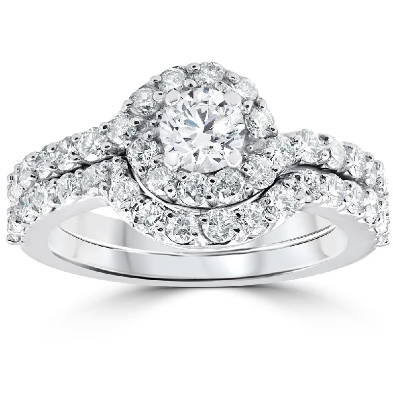 Ladies affordable diamond engagement rings-10k White Gold 1 1/2 ct TDW Diamond Engagement Halo Wedding Curve Ring Set