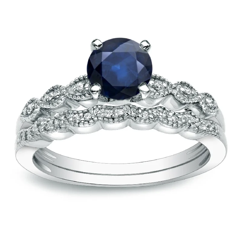 Ladies ruby engagement rings-Auriya 14k Gold Vintage 7/8ct Blue Sapphire and 1/10ctw Diamond Engagement Ring Set