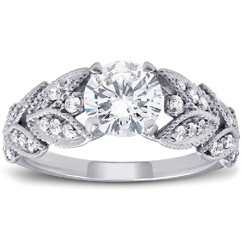 Ladies vintage diamond engagement rings-Pompeii3 1 Ct TDW Diamond Vintage Engagement Ring 14k White Gold Clarlity Enhanced