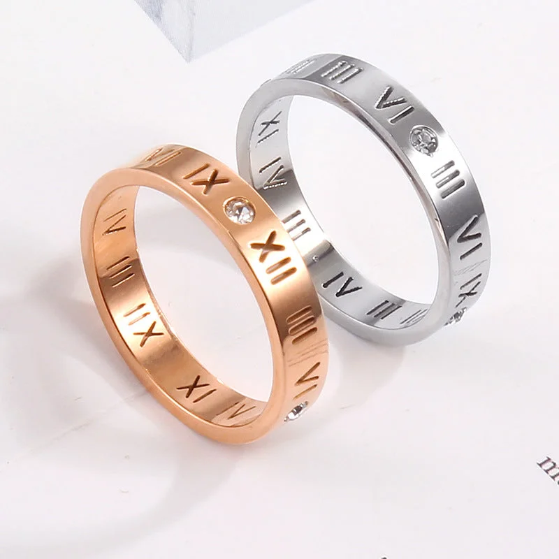 Ladies channel set ring-Simple Style Roman Numeral Titanium Steel Plating Hollow Out Inlay Zircon Gold Plated Rings