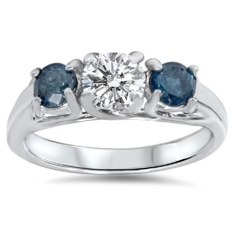 Ladies stackable engagement rings with diamonds-14k White Gold 1ct White and Blue Diamond 3-stone Engagement Ring