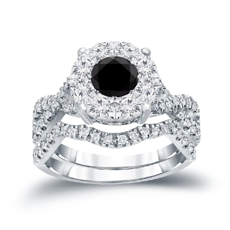 Ladies engagement rings with side stones-Auriya Braided 1 1/5ctw Halo Black Diamond Engagement Ring Set 14k Gold