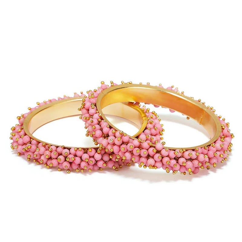 Ladies polished bangle-Mominos Fashion Joharkamal Gold-Plated Baby Pink Beads Work Bangles