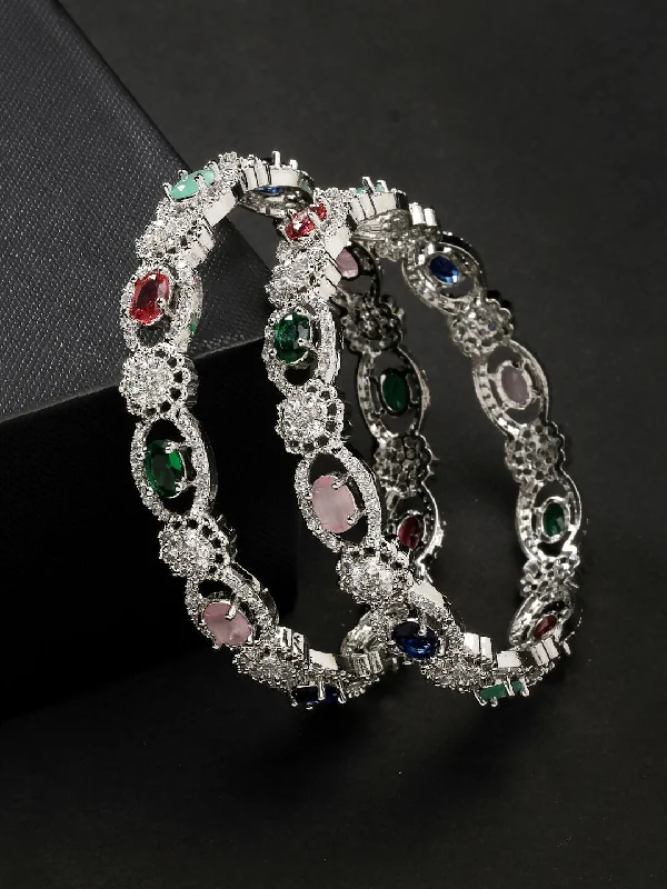 Ladies charm bracelet-NVR Women's Set of 2 Multi-Coloured CZ Stone-Studded Handcrafted Bangles