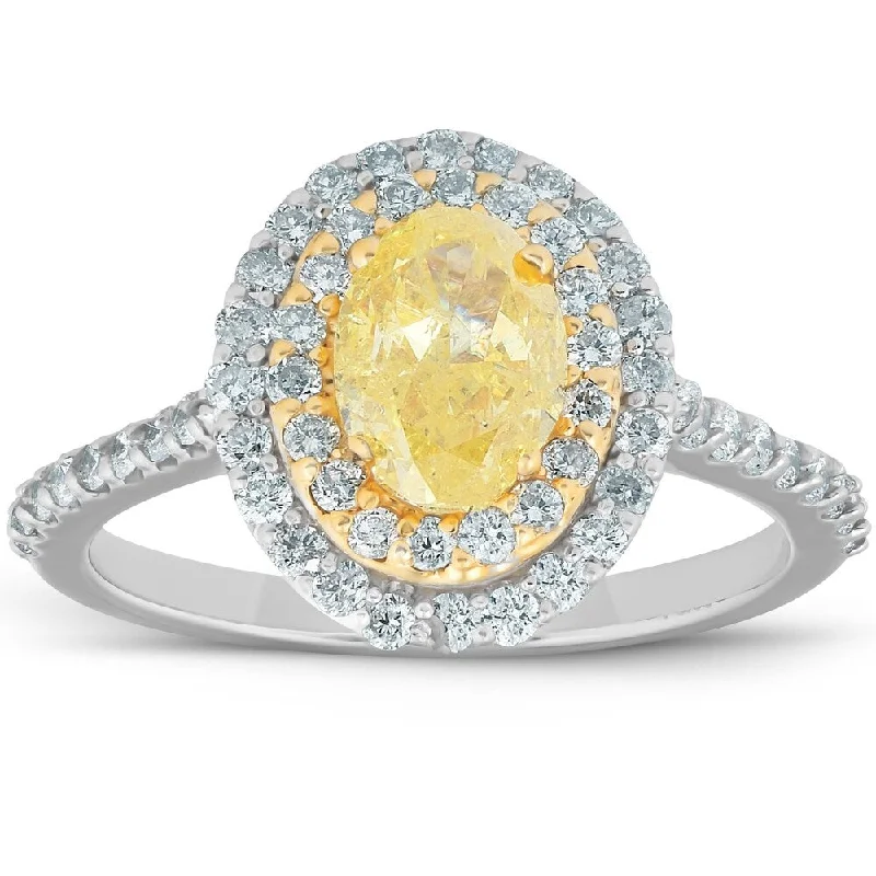 Ladies yellow gold engagement rings-1.75Ct Fancy Yellow Oval GIA Diamond Engagement Double Halo Ring 14k Gold