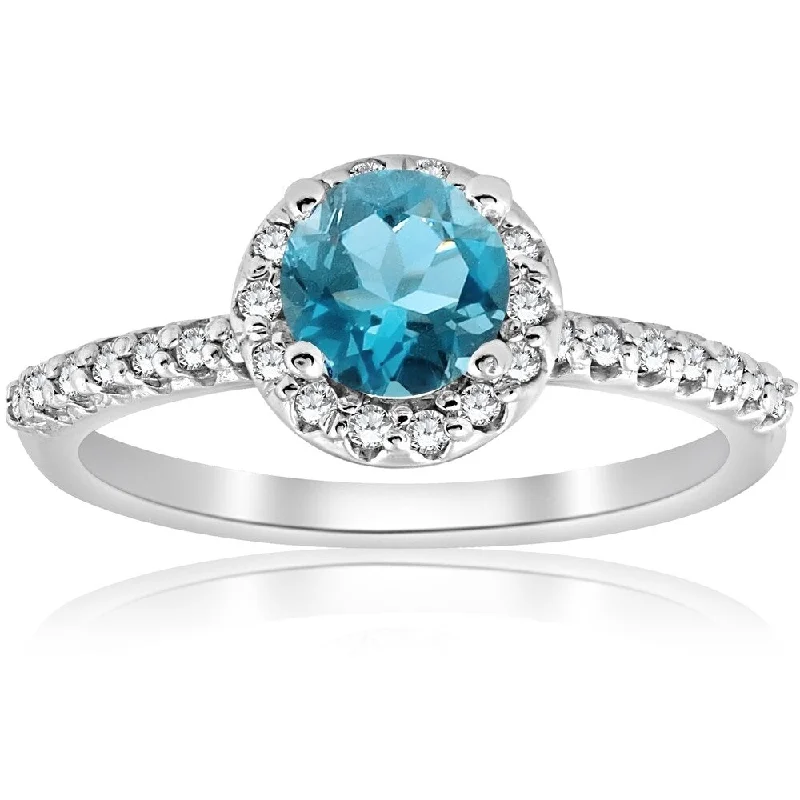 Ladies custom engagement rings-Pompeii3 14K White Gold 7/8 ct TDW Diamond Halo Blue Topaz Engagement Anniversary Ring