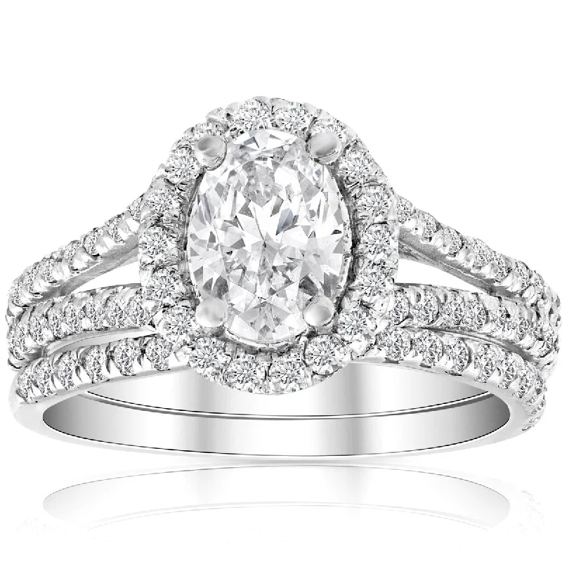 Ladies platinum diamond engagement rings-1.75Ct Oval Diamond Halo Engagement Wedding Ring Set White Gold Enhanced