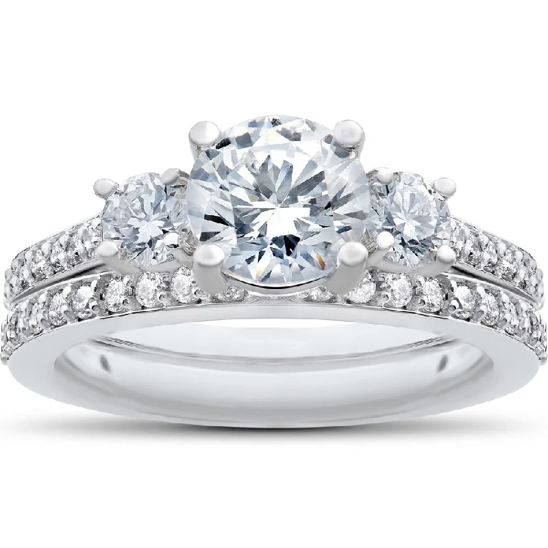 Ladies unique engagement rings-14k White Gold 1 1/4 ct Round 3-Stone Eco Friendly Lab Grown Diamond Engagement Ring & Matching Wedding Band (F-G-SI1,SI2)