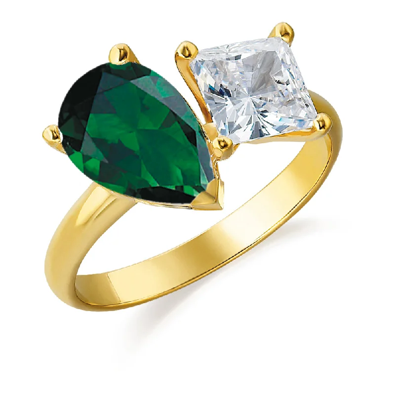 Ladies wedding ring set with diamonds-Toi et Moi Tru-Emerald and Princess Cut Ring