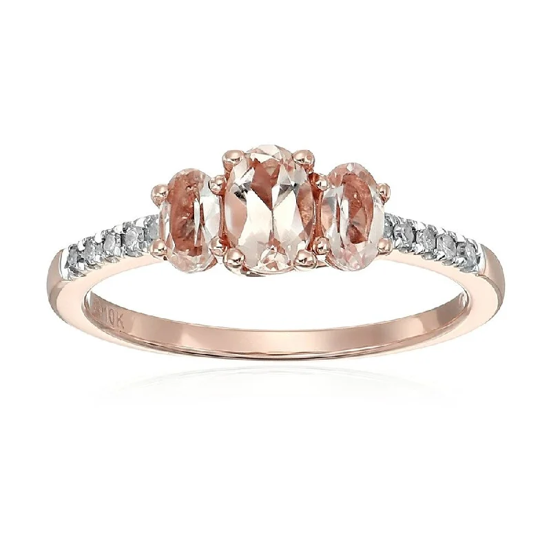 Ladies three-stone engagement rings-10k Rose Gold Morganite and Diamond 3-Stone Engagement Ring, Size 7 - Pink