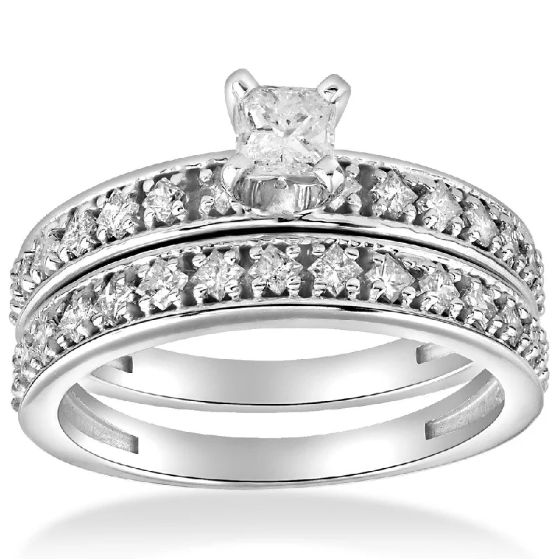 Ladies stackable engagement rings-10k White Gold 1 cttw Princess Cut Diamond Engagement Wedding Ring Set