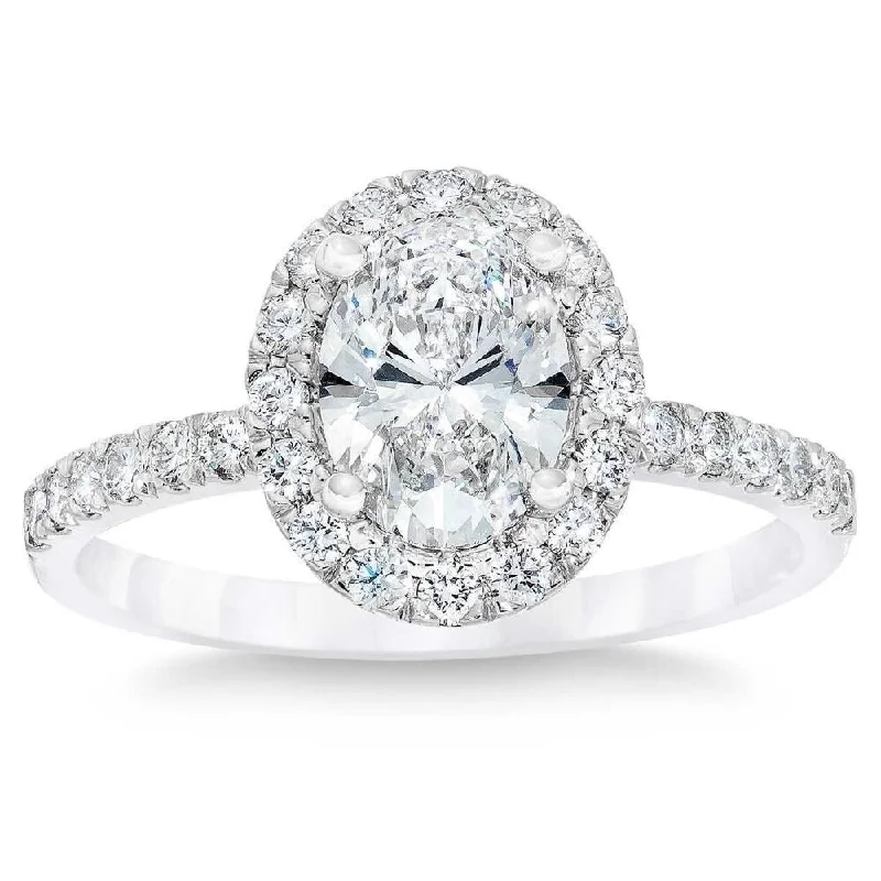 Ladies engagement rings with colored diamonds-VS 2 3/4Ct Oval Diamond Halo Engagement H/VS2 Ring in 14k White Gold Lab Grown