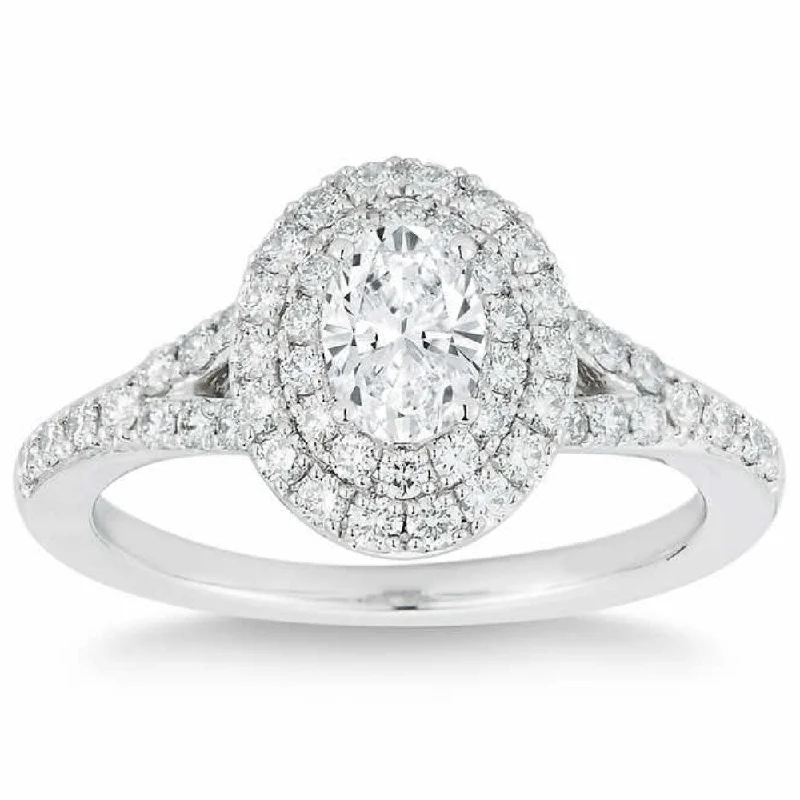 Ladies vintage diamond solitaire engagement rings-1 Ct Lab Grown Oval Diamond Halo Engagement Ring 14k White Gold