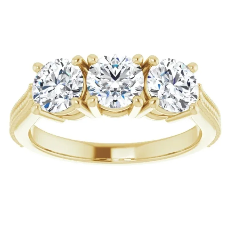 Ladies vintage inspired engagement rings-1 1/2 Ct Three Stone Lab Grown Diamond Engagement Anniversary Ring Yellow Gold