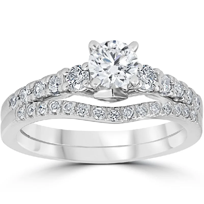 Ladies engagement rings with intricate designs-14K White Gold 1 1/10 cttw Diamond 3-Stone Engagement Matching Wedding Ring Set