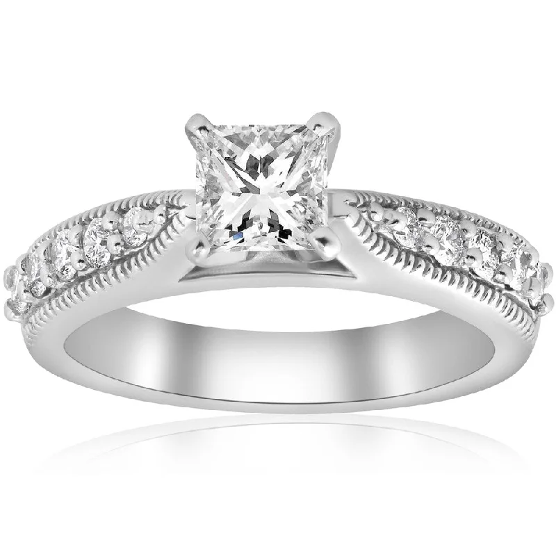 Ladies custom designed engagement rings-14K White Gold 1 3/8ct Vintage Princess Cut Diamond Clarity Enhanced Engagement Ring Art Deco (H-I, I1-I2)