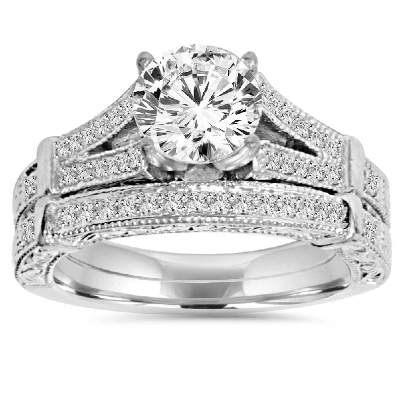 Ladies sapphire engagement rings-14k White Gold 2 ct TDW Clarity Enhanced Diamond Vintage Engagement Wedding Ring Set