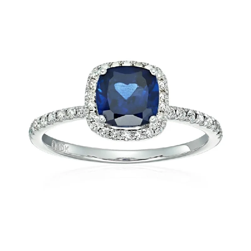 Ladies engagement rings with pear-shaped diamonds-10k White Gold Created Blue Sapphire & Diamond Engagement Ring