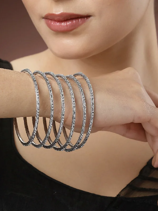 Ladies birthstone bracelet-NVR Women's Set of 6 Silver-Toned German Silver Oxidised Bangles