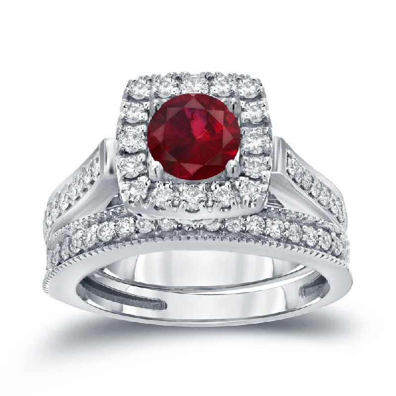 Ladies engagement rings with rubies and diamonds-Auriya 1/3ct Red Ruby and 3/4ctw Halo Diamond Engagement Ring Set 14kt Gold