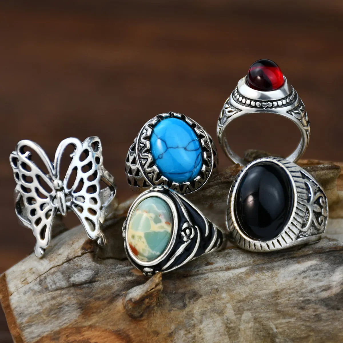 Ladies oval ring-Retro Ethnic Style Oval Butterfly Alloy Plating Inlay Resin Women's Rings