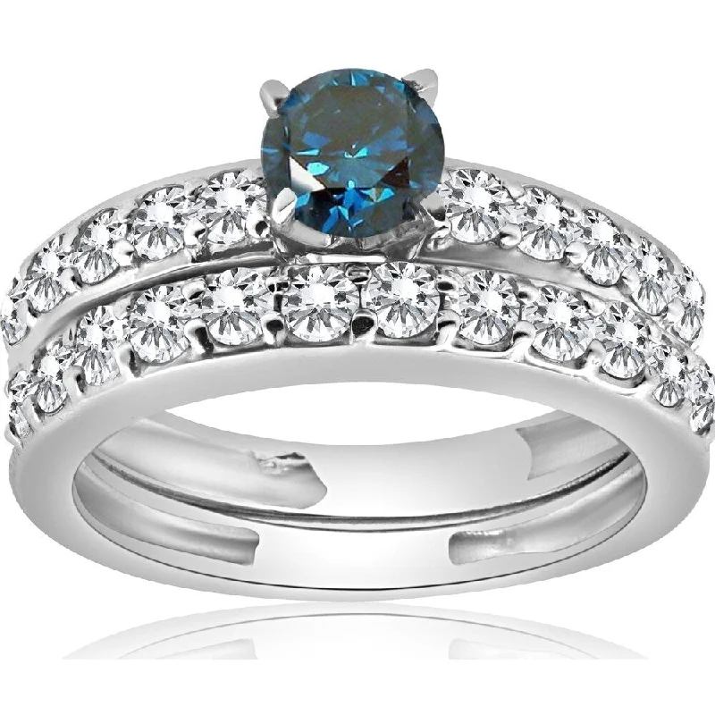 Ladies engagement rings with sapphires-Pompeii3 14K White Gold 1 1/3Ct Blue Round Cut Diamond Matching Bridal Engagement Wedding Ring Set