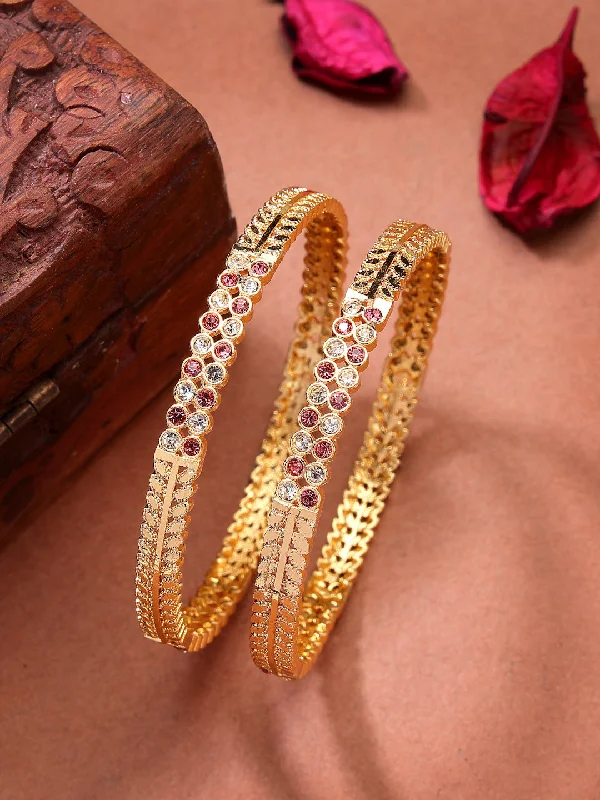 Ladies designer bracelet-NVR Women's Set of 2 Gold-Plated Cubic Zirconia Stone Studded Bangles