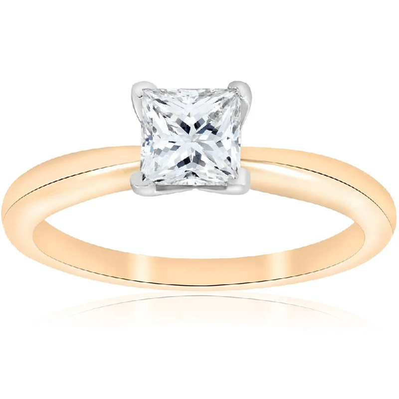 Ladies rose gold solitaire engagement rings-14K Yellow Gold 1 ct TDW Solitaire Princess Cut Diamond GIA Certified Engagement Ring (E-VS2) - White